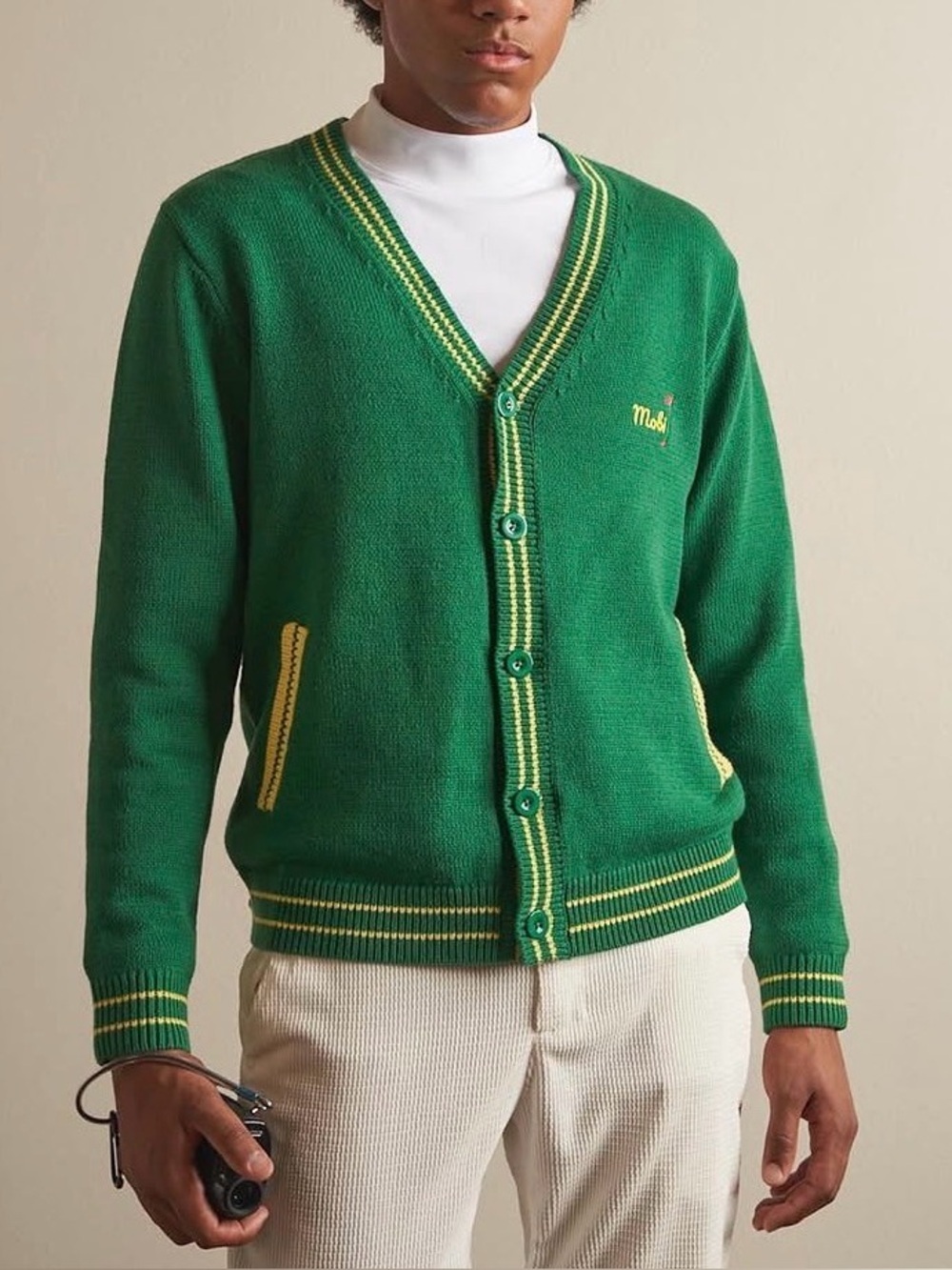 Designer Yitai x Mobi Knit Cardigan Sweater Varsity Style Golf XL Green Yellow